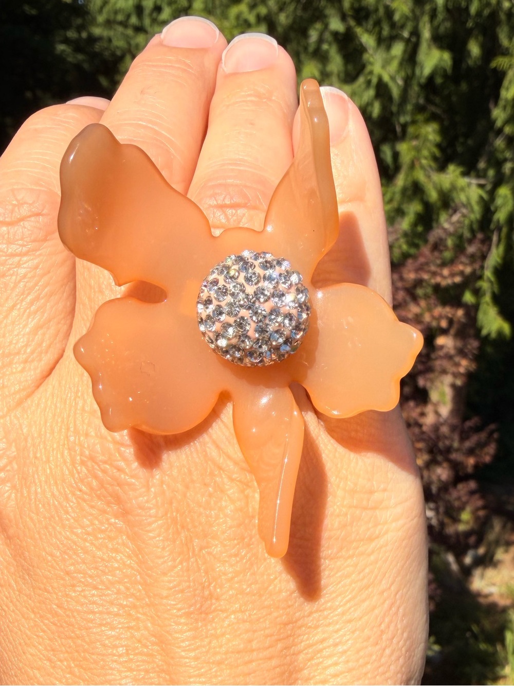 Lele Sadoughi Peach Crystal Lily Floral Statement Ring Size 8